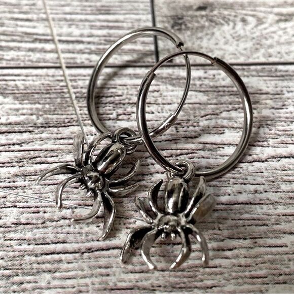 Silver Plated Spider Charm, Nickel Free, Small Hoop Earrings - Picture 2 of 7